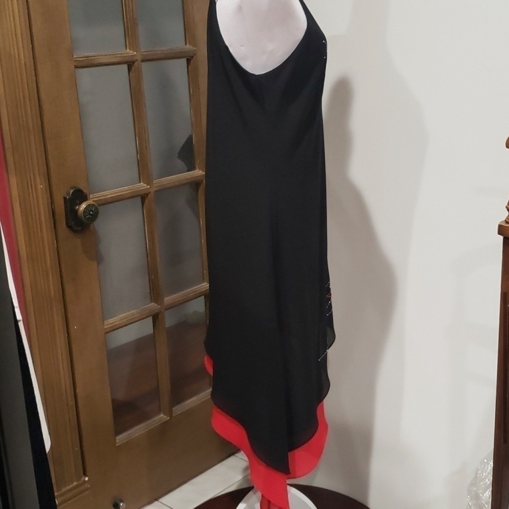 MICHEL Asymmetrical Spaghetti Strap Black and Red Dress 2XL